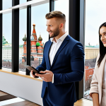 **Image Prompt:** A dynamic real estate agent confidently presenting a property to a diverse group of potential clients, using a tablet to showcase a virtual tour. The scene should convey professionalism and trustworthiness. Focus on modern Moscow architecture in the background. Subtle elements like the agent's branded materials can be included.