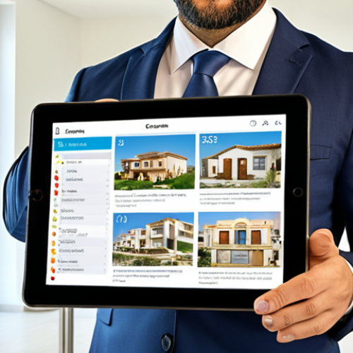 Home 23 **Prompt:** A modern realtor, dressed in business attire, presenting a tablet displaying an infographic of global real estate market trends, showcasing properties in Cyprus, Spain, and Dubai, with a diverse group of potential clients looking on attentively. The setting is a bright, contemporary office with a world map in the background.
