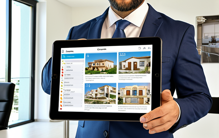 **Prompt:** A modern realtor, dressed in business attire, presenting a tablet displaying an infographic of global real estate market trends, showcasing properties in Cyprus, Spain, and Dubai, with a diverse group of potential clients looking on attentively. The setting is a bright, contemporary office with a world map in the background.