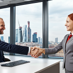 **

"Successful real estate agent shaking hands with a happy client in a modern office. Bright, professional attire, showcasing trust and accomplishment. Moscow city skyline in the background, subtly emphasizing the market."

**