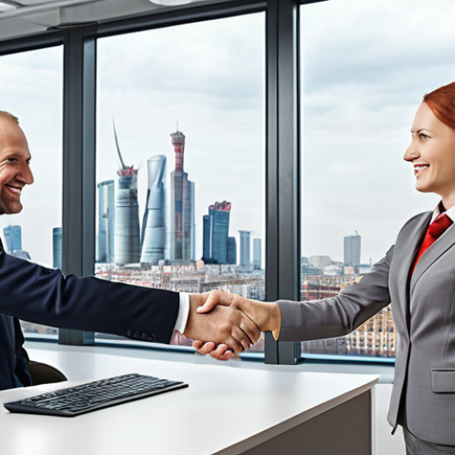 Home 22 **
"Successful real estate agent shaking hands with a happy client in a modern office. Bright, professional attire, showcasing trust and accomplishment. Moscow city skyline in the background, subtly emphasizing the market."
**