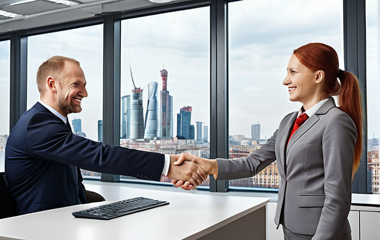**
"Successful real estate agent shaking hands with a happy client in a modern office. Bright, professional attire, showcasing trust and accomplishment. Moscow city skyline in the background, subtly emphasizing the market."
**