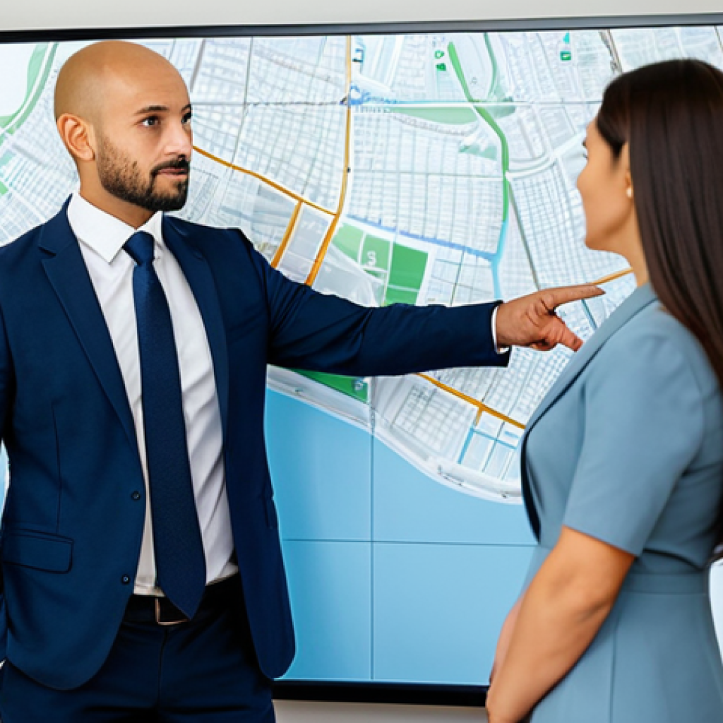 A professional male real estate agent, mid-30s, dressed in a sharp, modest business suit and tie. He stands confidently in a bright, modern real estate office, thoughtfully pointing at a specific area on a large digital city map displayed on a screen behind him. A fully clothed client, also in professional dress, stands beside him, looking engaged. Perfect anatomy, correct proportions, natural pose, well-formed hands, proper finger count, natural body proportions, high-quality professional photography, natural lighting, fully clothed, appropriate attire, modest clothing, safe for work, appropriate content, family-friendly.