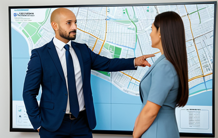 A professional male real estate agent, mid-30s, dressed in a sharp, modest business suit and tie. He stands confidently in a bright, modern real estate office, thoughtfully pointing at a specific area on a large digital city map displayed on a screen behind him. A fully clothed client, also in professional dress, stands beside him, looking engaged. Perfect anatomy, correct proportions, natural pose, well-formed hands, proper finger count, natural body proportions, high-quality professional photography, natural lighting, fully clothed, appropriate attire, modest clothing, safe for work, appropriate content, family-friendly.