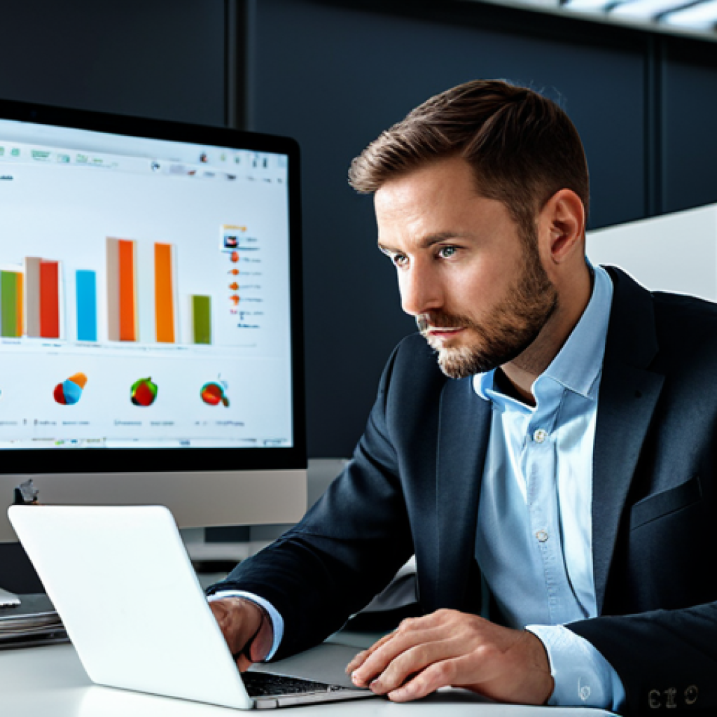 A focused professional male student, in his mid-30s, wearing a dark professional blazer and a light button-up shirt, looking intently at a laptop screen. He is seated at a sleek desk in a modern, brightly lit study office. On a large wall-mounted monitor, complex real estate data visualizations, including charts and graphs of market trends, are clearly displayed. The desk holds a tablet and a discreet cup of coffee. The overall atmosphere is intelligent, forward-thinking, and analytical. High resolution, cinematic lighting, sharp focus, professional photography, perfect anatomy, correct proportions, natural pose, well-formed hands, proper finger count, natural body proportions, safe for work, appropriate content, fully clothed, professional, modest clothing, appropriate attire, professional dress.