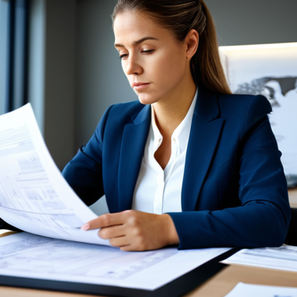 A professional female real estate agent, fully clothed in a modest business suit, intently reviewing complex legal documents on a large, modern desk. She is seated in a well-lit, contemporary office, with blurred architectural plans and city views in the background. Her hands are naturally placed on the papers, reflecting focus and competence. The scene conveys a sense of expertise and thoroughness. perfect anatomy, correct proportions, natural pose, well-formed hands, proper finger count, natural body proportions, professional photography, high quality, safe for work, appropriate content, fully clothed, professional.