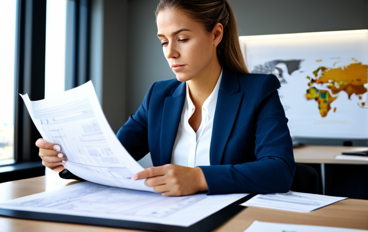 A professional female real estate agent, fully clothed in a modest business suit, intently reviewing complex legal documents on a large, modern desk. She is seated in a well-lit, contemporary office, with blurred architectural plans and city views in the background. Her hands are naturally placed on the papers, reflecting focus and competence. The scene conveys a sense of expertise and thoroughness. perfect anatomy, correct proportions, natural pose, well-formed hands, proper finger count, natural body proportions, professional photography, high quality, safe for work, appropriate content, fully clothed, professional.