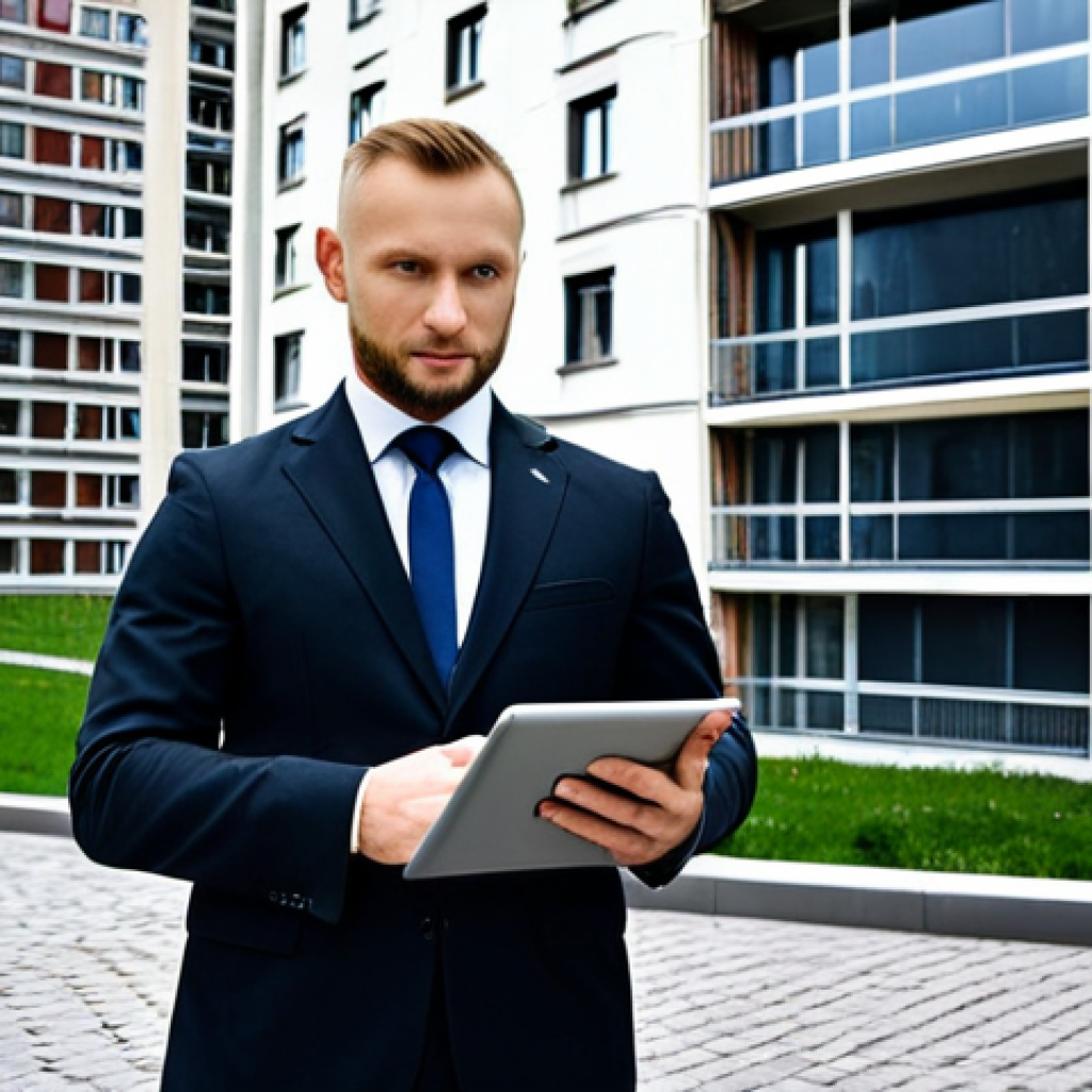 **

A professional realtor, fully clothed in a modest business suit, confidently standing in front of a modern apartment building in Moscow, Russia. "Safe for work", "appropriate content", "professional", showcasing property listings on a tablet. Perfect anatomy, natural pose. Focus on success and reliability.

**