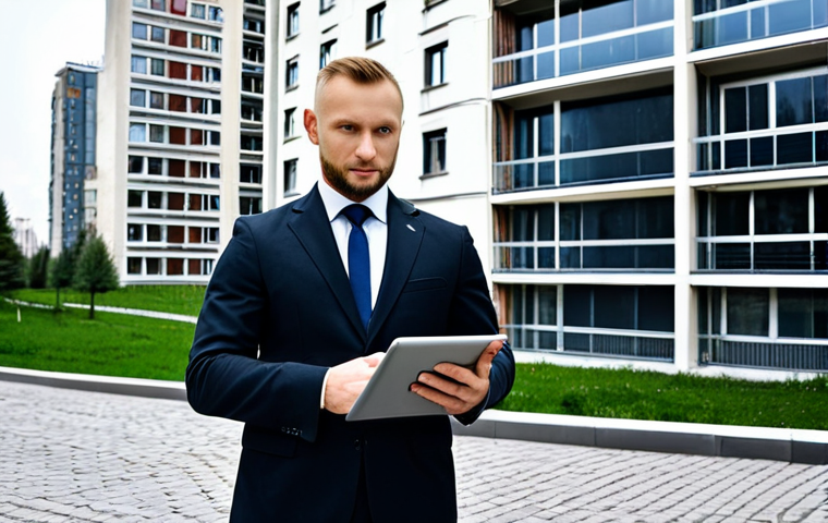 **
A professional realtor, fully clothed in a modest business suit, confidently standing in front of a modern apartment building in Moscow, Russia. "Safe for work", "appropriate content", "professional", showcasing property listings on a tablet. Perfect anatomy, natural pose. Focus on success and reliability.
**