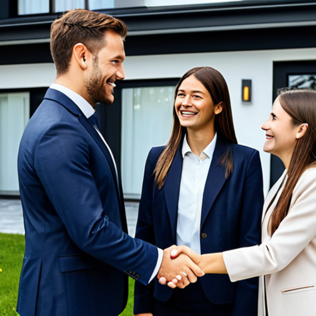 **
"A confident real estate agent, fully clothed in a professional business suit, shaking hands with a young couple in front of a modern house, smiling, positive atmosphere, well-lit, safe for work, appropriate content, perfect anatomy, natural pose, professional, family-friendly, modest clothing, high-resolution photography."
**