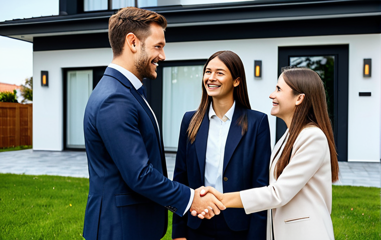 **
"A confident real estate agent, fully clothed in a professional business suit, shaking hands with a young couple in front of a modern house, smiling, positive atmosphere, well-lit, safe for work, appropriate content, perfect anatomy, natural pose, professional, family-friendly, modest clothing, high-resolution photography."
**