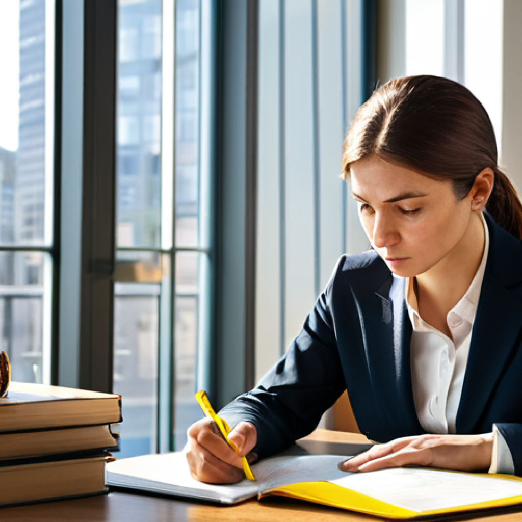 Mastering Real Estate Law**
A young professional, fully clothed in a sharp business suit, sits at a large wooden desk piled with law books and documents. Sunlight streams in through a window overlooking a bustling city street. She is intensely focused, highlighting key sections of a legal text with a bright yellow marker. Her expression is determined and intelligent. "Safe for work," "appropriate content," "professional," "modest," perfect anatomy, natural pose, well-formed hands, proper finger count, realistic rendering, high resolution, legal expertise, study session.
**