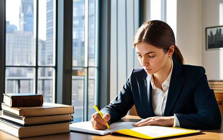 Mastering Real Estate Law**
A young professional, fully clothed in a sharp business suit, sits at a large wooden desk piled with law books and documents. Sunlight streams in through a window overlooking a bustling city street. She is intensely focused, highlighting key sections of a legal text with a bright yellow marker. Her expression is determined and intelligent. "Safe for work," "appropriate content," "professional," "modest," perfect anatomy, natural pose, well-formed hands, proper finger count, realistic rendering, high resolution, legal expertise, study session.
**
