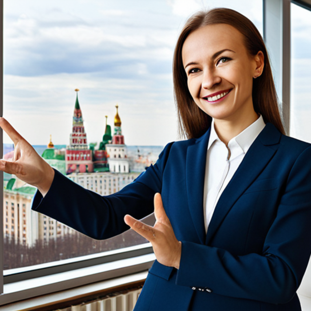 Knowledgeable Real Estate Agent**
A confident real estate agent, fully clothed in professional business attire, standing in a modern Moscow apartment. The agent is gesturing towards a city view with a confident smile. The background includes high-end furnishings and a panoramic view of Moscow. Emphasis on perfect anatomy, correct proportions, and well-formed hands. Safe for work, appropriate content, professional.
**