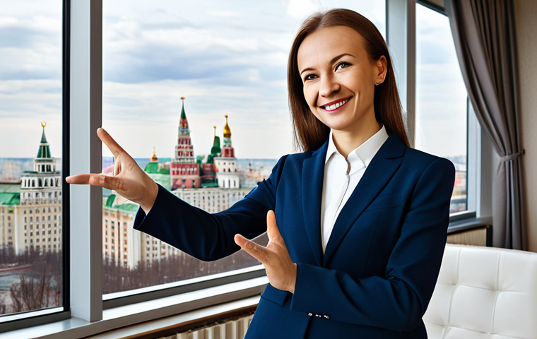 Knowledgeable Real Estate Agent**
A confident real estate agent, fully clothed in professional business attire, standing in a modern Moscow apartment. The agent is gesturing towards a city view with a confident smile. The background includes high-end furnishings and a panoramic view of Moscow. Emphasis on perfect anatomy, correct proportions, and well-formed hands. Safe for work, appropriate content, professional.
**