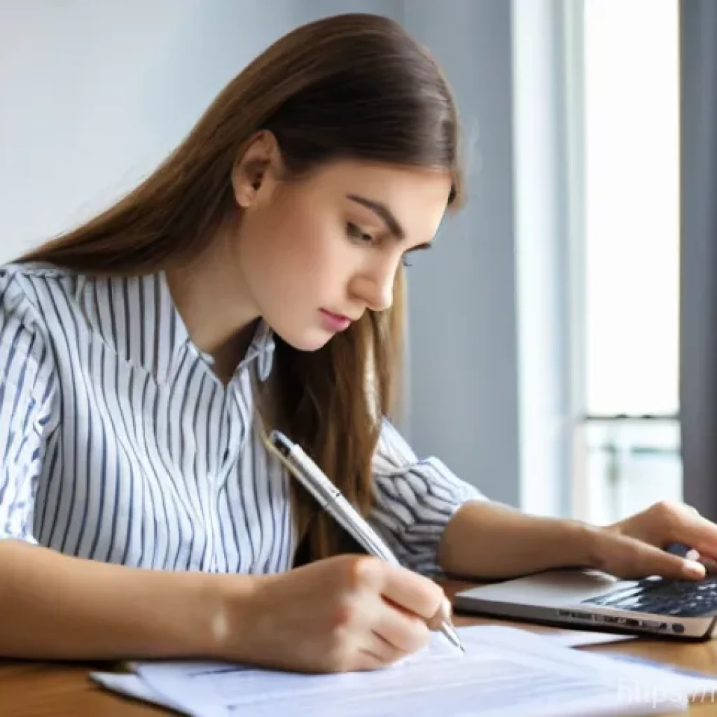 공인중개사와 부동산 거래 분쟁 해결 사례 - A focused young woman, appearing to be Russian, sits at a modern wooden table, meticulously reviewin...