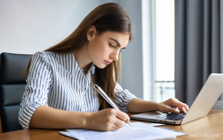 공인중개사와 부동산 거래 분쟁 해결 사례 - A focused young woman, appearing to be Russian, sits at a modern wooden table, meticulously reviewin...