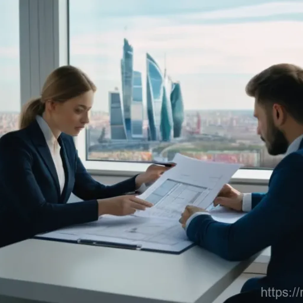 공인중개사 부동산 거래 성공 비결 - A professional Russian real estate agent, dressed in a sharp business suit, is seated at a modern of...