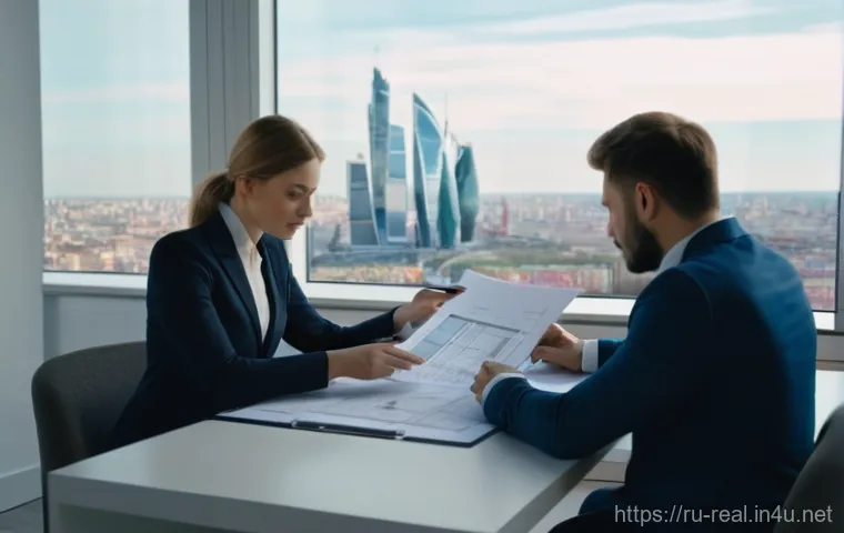 공인중개사 부동산 거래 성공 비결 - A professional Russian real estate agent, dressed in a sharp business suit, is seated at a modern of...