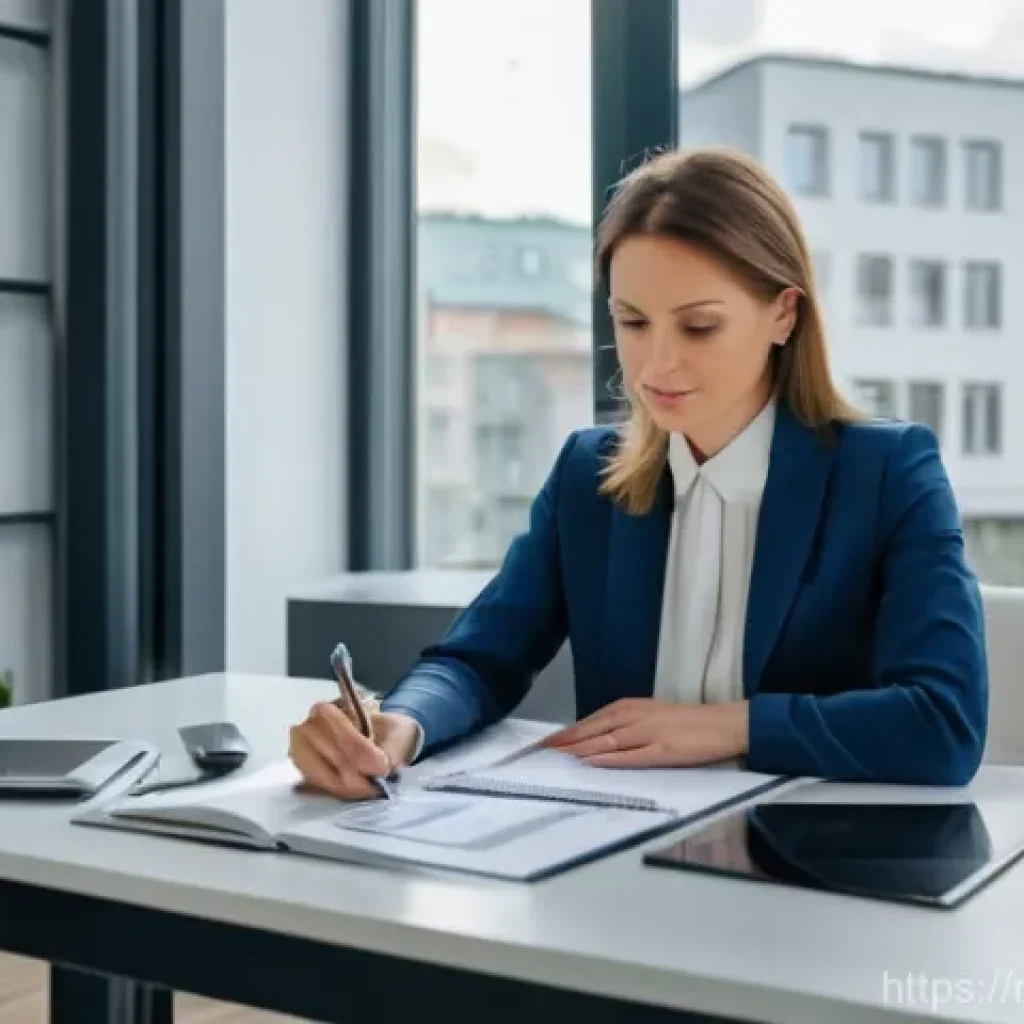 공인중개사 시험 대비 세부 체크리스트 - A professional and focused female real estate agent in her early 40s sits at a modern, minimalist de...