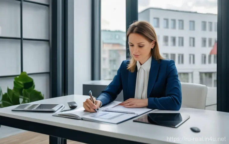 공인중개사 시험 대비 세부 체크리스트 - A professional and focused female real estate agent in her early 40s sits at a modern, minimalist de...