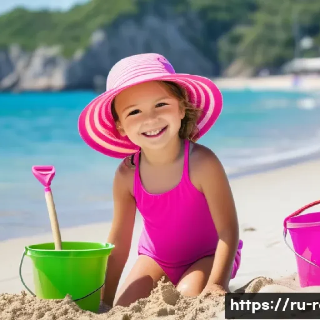 공인중개사 시험 재수 성공 전략 - A sunny day at the beach. A young girl (around 7 years old) is building a sandcastle, wearing a brig...