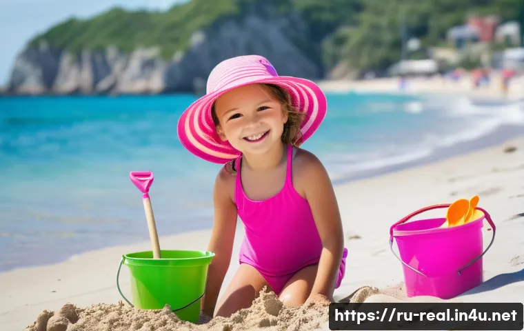 공인중개사 시험 재수 성공 전략 - A sunny day at the beach. A young girl (around 7 years old) is building a sandcastle, wearing a brig...