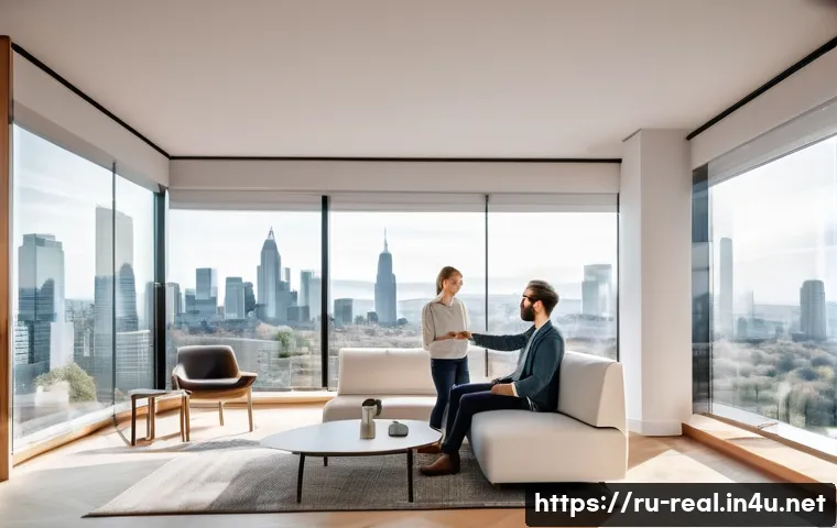 공인중개사와 최신 부동산 기술 적용 사례 - **Prompt 1: Immersive Virtual Home Tour Experience**
A young, diverse couple, both in their late...