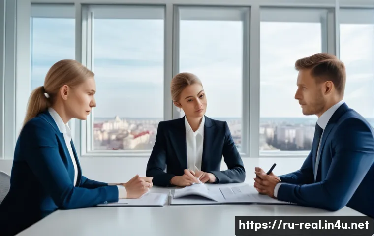 공인중개사 부동산 정책 대응 사례 - **A Russian female realtor providing expert legal consultation to a Russian couple in a modern offic...