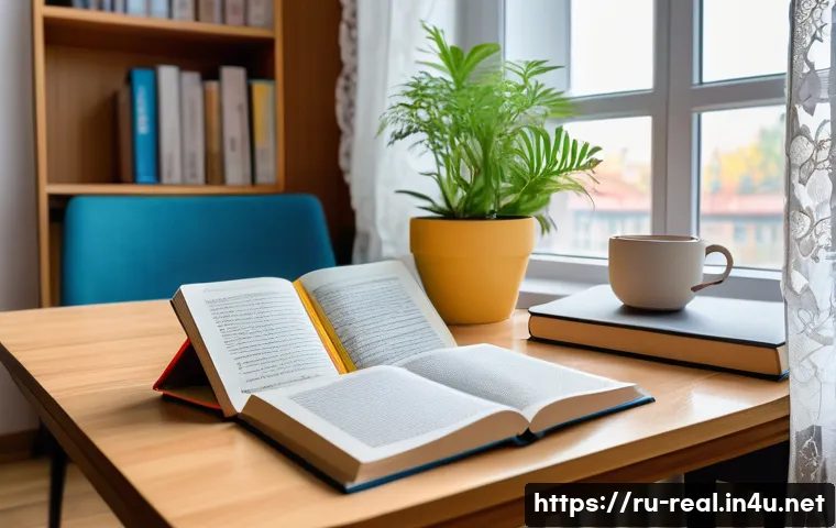 공인중개사 이론 공부 방법 - A cozy, well-organized study corner in a modern Russian apartment, featuring a wooden desk with neat...