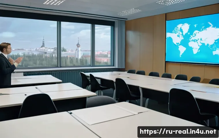 공인중개사 시험을 위한 추천 학원 - A professional real estate classroom scene set in Russia, featuring a diverse group of adult student...