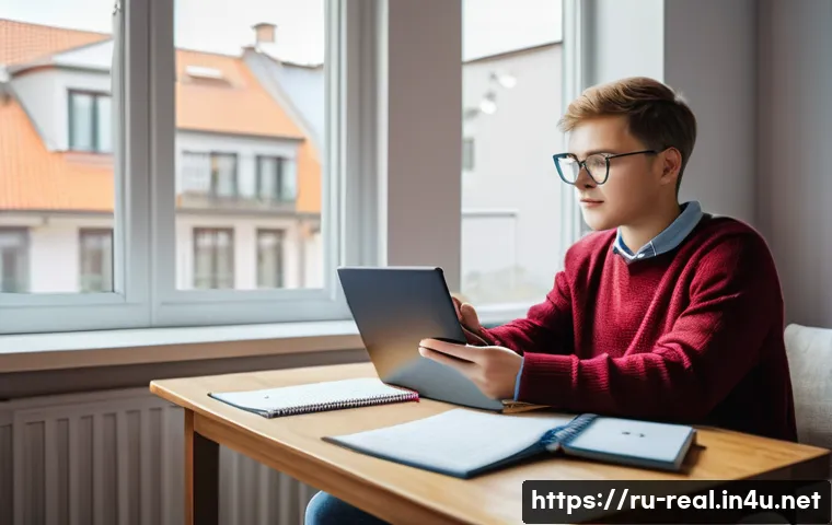 공인중개사 시험 관련 온라인 강의 플랫폼 - A modern online real estate exam preparation scene showing a young Russian student studying at home ...