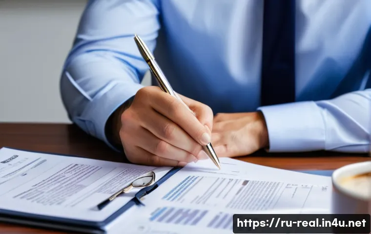 공인중개사 실기 시험 대비 - A professional real estate agent carefully reviewing a detailed property sales contract at a modern ...