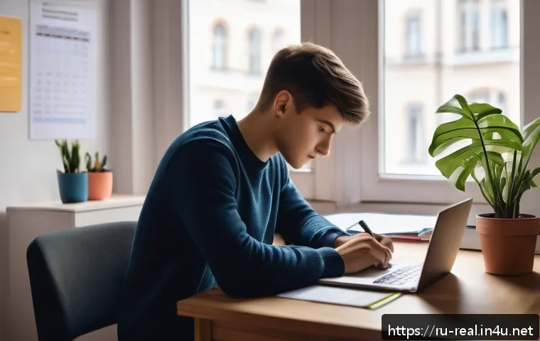 공인중개사 시험 대비 최신 기법 연구 - A modern, cozy study room featuring a young adult Russian student sitting at a neat desk with a lapt...