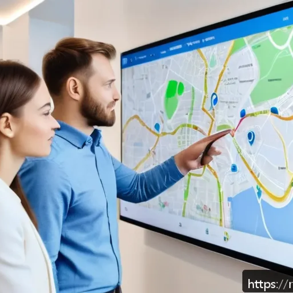 공인중개사와 최신 부동산 기술의 접목 사례 - A modern real estate agent&rsquo;s office showcasing a large interactive digital map on a wall screen, hig...