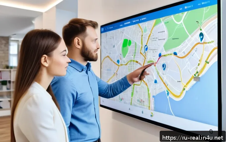 공인중개사와 최신 부동산 기술의 접목 사례 - A modern real estate agent&rsquo;s office showcasing a large interactive digital map on a wall screen, hig...