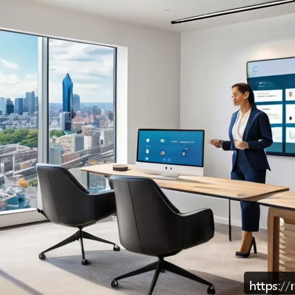 공인중개사와 부동산 시장 변화 사례 연구 - A modern real estate agent office scene showcasing a professional using a sleek CRM system on a larg...