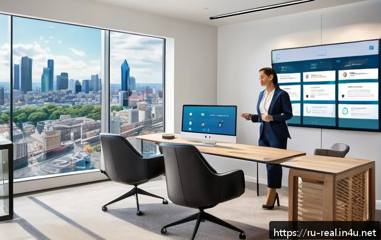 공인중개사와 부동산 시장 변화 사례 연구 - A modern real estate agent office scene showcasing a professional using a sleek CRM system on a larg...