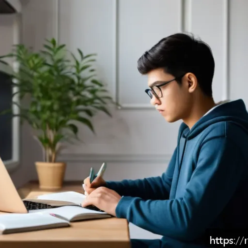 공인중개사 시험 1차와 2차 전략 - A focused young adult student studying at a neat and minimalist desk in a cozy, well-lit room with s...