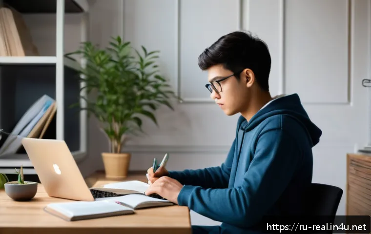 공인중개사 시험 1차와 2차 전략 - A focused young adult student studying at a neat and minimalist desk in a cozy, well-lit room with s...