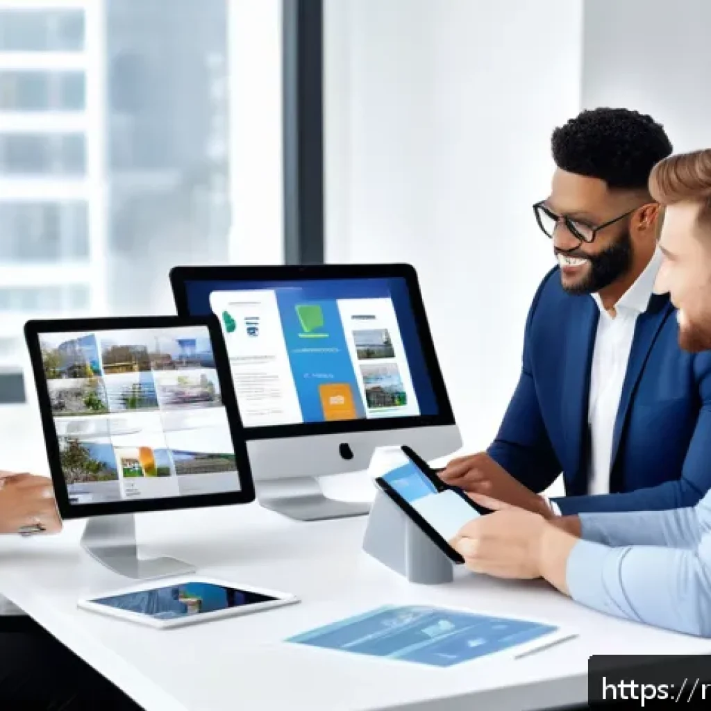 공인중개사 신규 고객 유치 전략 - A modern real estate office scene featuring a diverse team of professionals collaborating over digit...