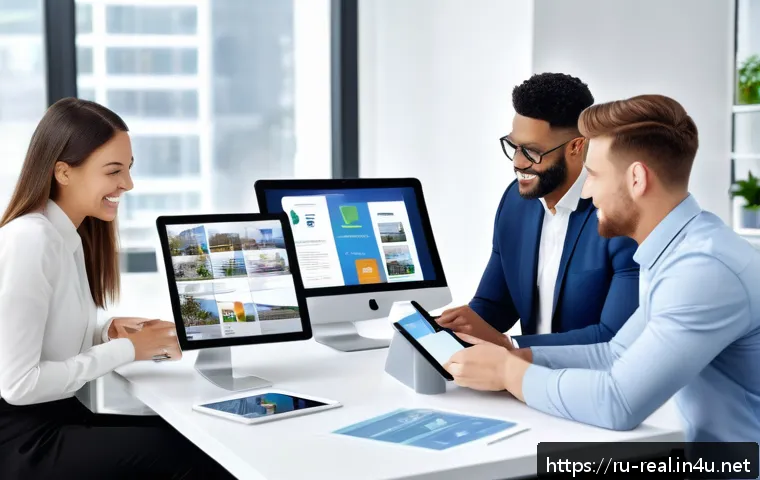 공인중개사 신규 고객 유치 전략 - A modern real estate office scene featuring a diverse team of professionals collaborating over digit...