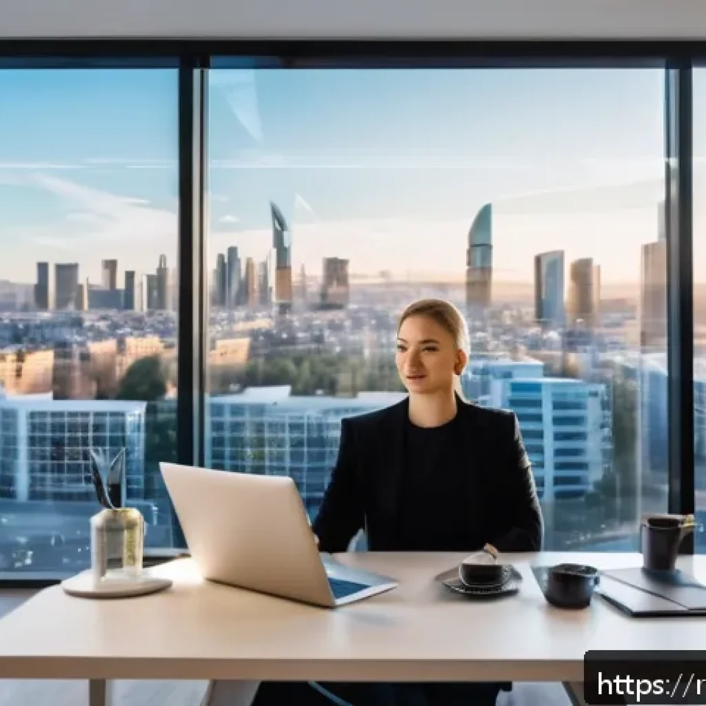 공인중개사와 부동산 기술 발전의 연계성 - A modern real estate agent working in a bright, stylish office filled with multiple digital screens ...