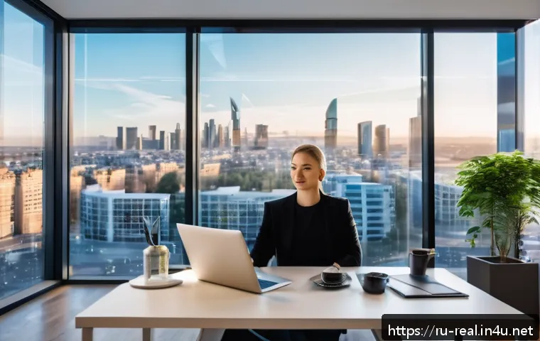 공인중개사와 부동산 기술 발전의 연계성 - A modern real estate agent working in a bright, stylish office filled with multiple digital screens ...