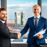 Home 22 공인중개사 자격증의 가치 - A confident Russian real estate agent in formal business attire holding an official certification do...