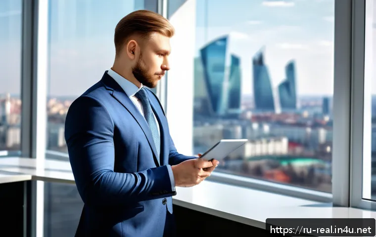 공인중개사 자격증으로 얻는 전문성 - A professional Russian real estate agent in a modern office setting, dressed in a sharp business sui...