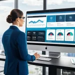 Home 20 공인중개사 부동산 중개 플랫폼 활용 사례 - A modern real estate agent’s workspace featuring multiple digital screens displaying CRM software wi...