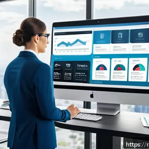 Home 32 공인중개사 부동산 중개 플랫폼 활용 사례 - A modern real estate agent’s workspace featuring multiple digital screens displaying CRM software wi...