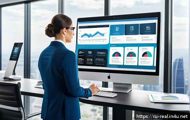 공인중개사 부동산 중개 플랫폼 활용 사례 - A modern real estate agent’s workspace featuring multiple digital screens displaying CRM software wi...