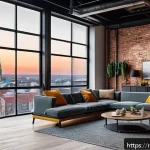 Home 18 공인중개사 부동산 투자 트렌드 이해 - A modern loft apartment interior in a vibrant Russian city, showcasing exposed brick walls, large in...